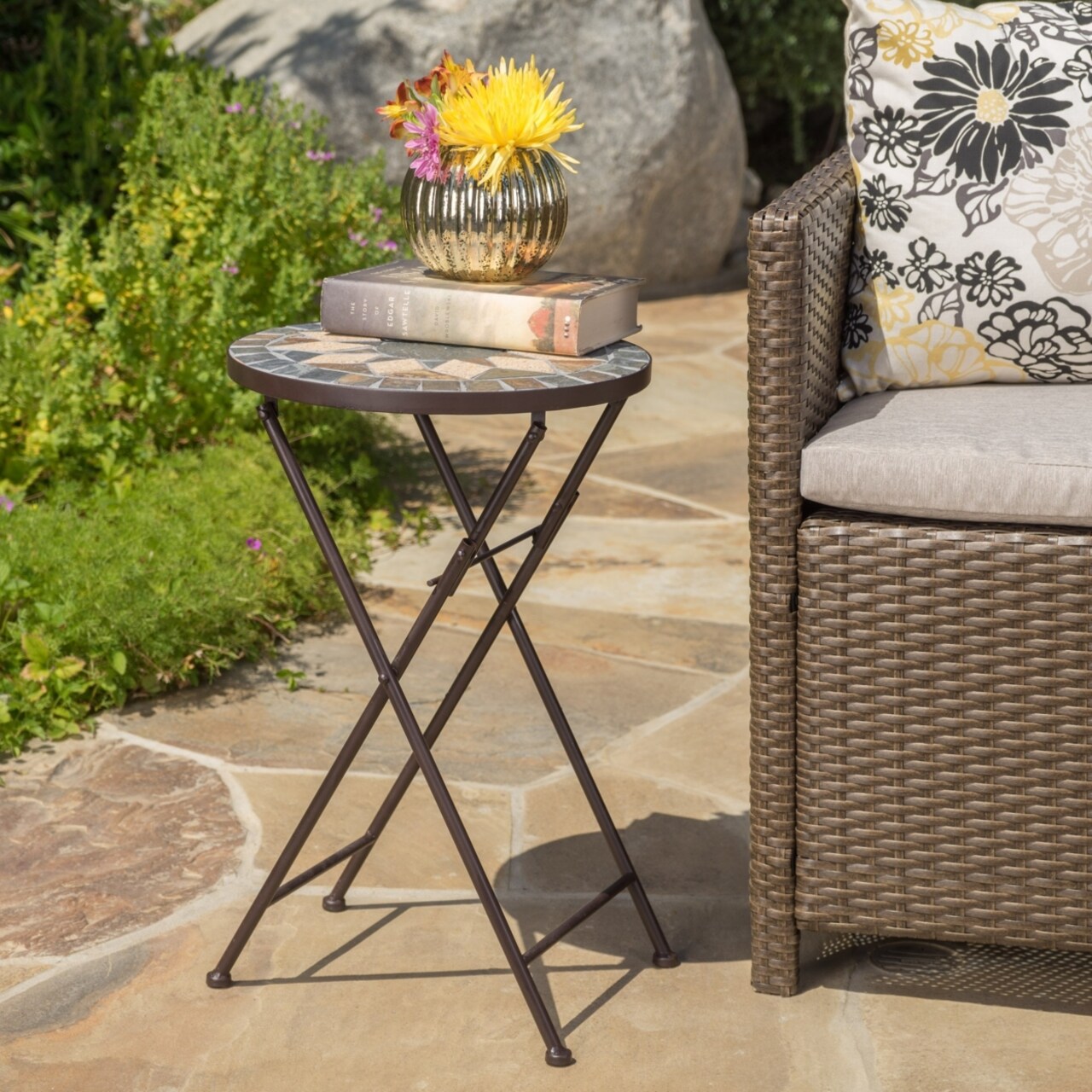 GDFStudio Sandor Outdoor Beige and Black Stone Side Table with Iron Frame